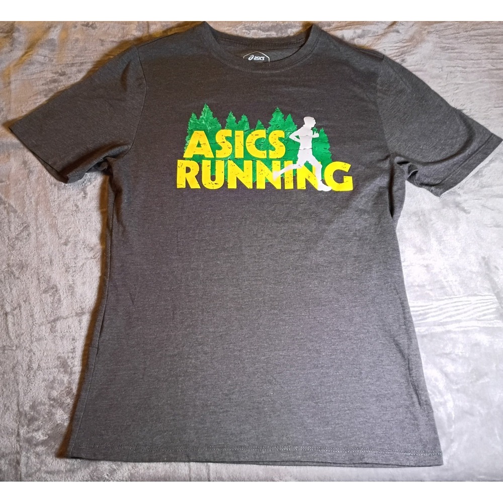 Asics Running Shirt Mens Small Gray Graphic Tee Forest Trail Run Short Sleeve